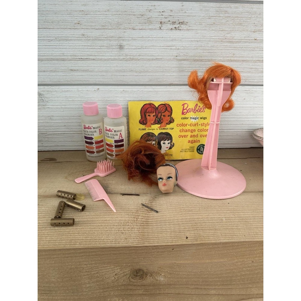 Vintage 1964 Mattel Barbie Magic Color N Curl Wig Set Head Stand Accessories
